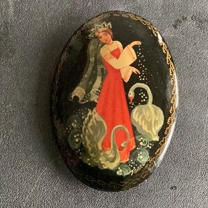 Anna & The 7 Swans 1992 Russian Brooch Hand Painted Black Red
